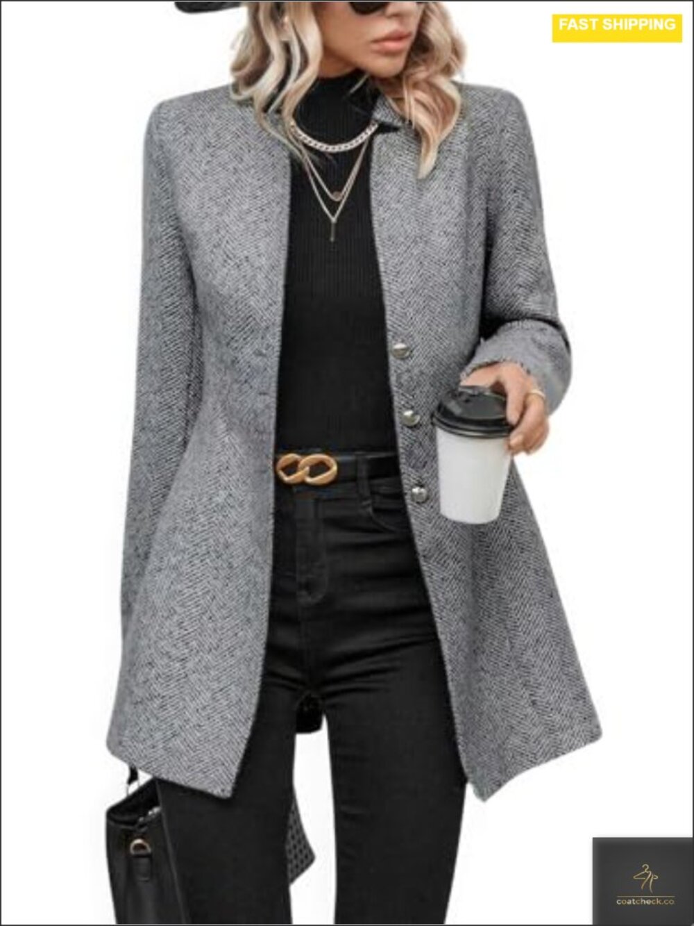 Herringbone Wool Blend Blazer Notched Collar Button Down Long Sleeve Dress Coat